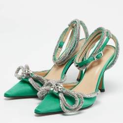Mach & Mach Green Satin Double Bow Crystal Embellished Ankle Strap Pumps Size 35.5