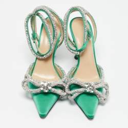 Mach & Mach Green Satin Double Bow Crystal Embellished Ankle Strap Pumps Size 35.5