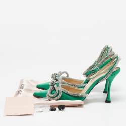 Mach & Mach Green Satin Double Bow Crystal Embellished Ankle Strap Pumps Size 35.5