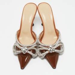 Mach & Mach Brown PVC Crystal Embellished Double Bow Mules Size 37