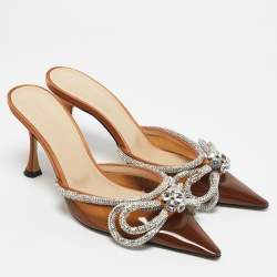 Mach & Mach Brown PVC Crystal Embellished Double Bow Mules Size 37
