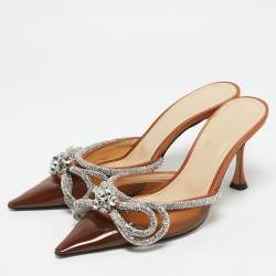 Mach & Mach Brown PVC Crystal Embellished Double Bow Mules Size 37