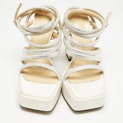 Pre Owned Mach & Mach White Satin Sydney Embellished Platform Sandals Size 38.5