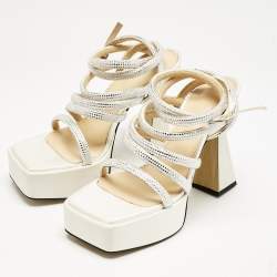 Pre Owned Mach & Mach White Satin Sydney Embellished Platform Sandals Size 38.5
