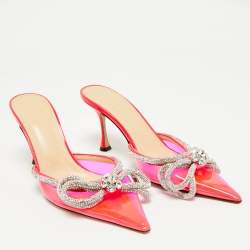 Pre Owned Mach & Mach Pink PVC Crystal Embellished Bow Mule Slides Size 39