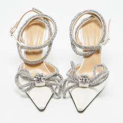Pre Owned Mach & Mach White Satin Double Bow Crystal Embellished Pumps Size 38