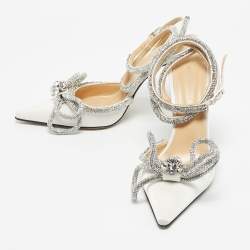 Pre Owned Mach & Mach White Satin Double Bow Crystal Embellished Pumps Size 38