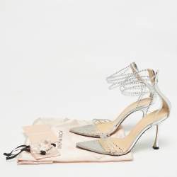 Pre Owned Mach & Mach Silver Leather and PVC Crystal Embellished Ankle Strap Sandals Size 39.5