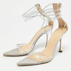 Pre Owned Mach & Mach Silver Leather and PVC Crystal Embellished Ankle Strap Sandals Size 39.5