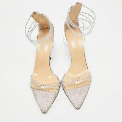 Pre Owned Mach & Mach Silver Leather and PVC Crystal Embellished Ankle Strap Sandals Size 39.5