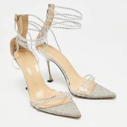 Pre Owned Mach & Mach Silver Leather and PVC Crystal Embellished Ankle Strap Sandals Size 39.5