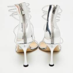 Pre Owned Mach & Mach Silver Leather and PVC Crystal Embellished Ankle Strap Sandals Size 39.5