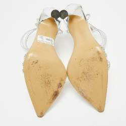 Pre Owned Mach & Mach Silver Leather and PVC Crystal Embellished Ankle Strap Sandals Size 39.5