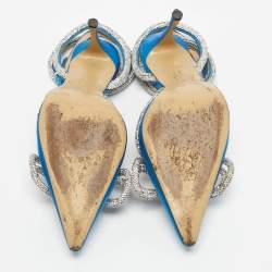 Pre Owned Mach & Mach Blue Satin Crystal Embellished Double Bow Ankle Wrap Pumps Size 40.5