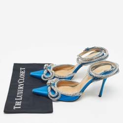 Pre Owned Mach & Mach Blue Satin Crystal Embellished Double Bow Ankle Wrap Pumps Size 40.5