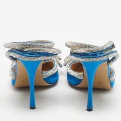 Pre Owned Mach & Mach Blue Satin Crystal Embellished Double Bow Ankle Wrap Pumps Size 40.5