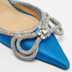 Pre Owned Mach & Mach Blue Satin Crystal Embellished Double Bow Ankle Wrap Pumps Size 40.5