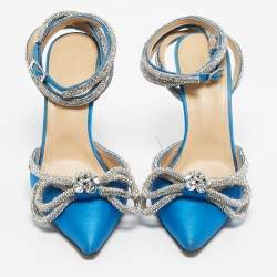 Pre Owned Mach & Mach Blue Satin Crystal Embellished Double Bow Ankle Wrap Pumps Size 40.5
