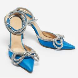 Pre Owned Mach & Mach Blue Satin Crystal Embellished Double Bow Ankle Wrap Pumps Size 40.5