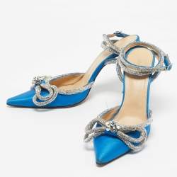 Pre Owned Mach & Mach Blue Satin Crystal Embellished Double Bow Ankle Wrap Pumps Size 40.5
