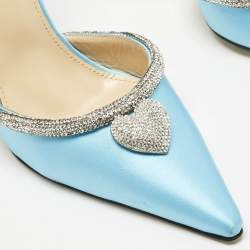 Pre Owned Mach & Mach Blue Satin Crystal Heart Heel Embellished Ankle Strap Pumps Size 38.5