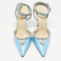 Pre Owned Mach & Mach Blue Satin Crystal Heart Heel Embellished Ankle Strap Pumps Size 38.5