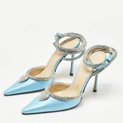 Pre Owned Mach & Mach Blue Satin Crystal Heart Heel Embellished Ankle Strap Pumps Size 38.5