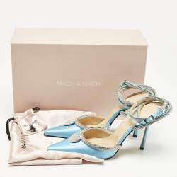 Pre Owned Mach & Mach Blue Satin Crystal Heart Heel Embellished Ankle Strap Pumps Size 38.5