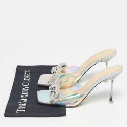 Pre Owned Mach & Mach Iridescent PVC Crystal Embellished Double Bow Slide Sandals Size 39.5