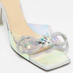 Pre Owned Mach & Mach Iridescent PVC Crystal Embellished Double Bow Slide Sandals Size 39.5
