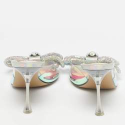 Pre Owned Mach & Mach Iridescent PVC Crystal Embellished Double Bow Slide Sandals Size 39.5