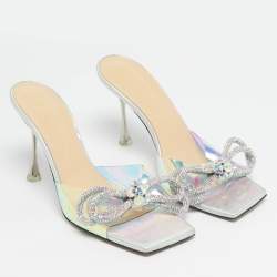 Pre Owned Mach & Mach Iridescent PVC Crystal Embellished Double Bow Slide Sandals Size 39.5