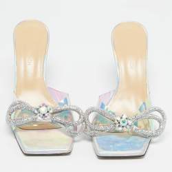 Pre Owned Mach & Mach Iridescent PVC Crystal Embellished Double Bow Slide Sandals Size 39.5