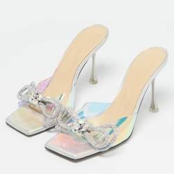 Pre Owned Mach & Mach Iridescent PVC Crystal Embellished Double Bow Slide Sandals Size 39.5