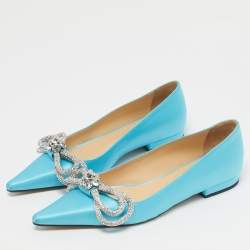 Pre Owned Mach & Mach Blue Satin Double Bow Ballet Flats Size 37.5