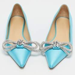 Pre Owned Mach & Mach Blue Satin Double Bow Ballet Flats Size 37.5