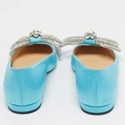 Pre Owned Mach & Mach Blue Satin Double Bow Ballet Flats Size 37.5