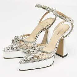 Pre Owned Mach & Mach Silver Leather and PVC Double Bow Platform Pumps Size 38.5