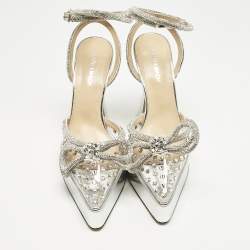 Pre Owned Mach & Mach Silver Leather and PVC Double Bow Platform Pumps Size 38.5