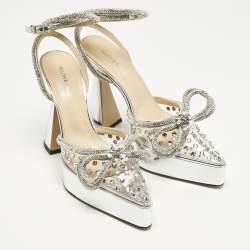 Pre Owned Mach & Mach Silver Leather and PVC Double Bow Platform Pumps Size 38.5