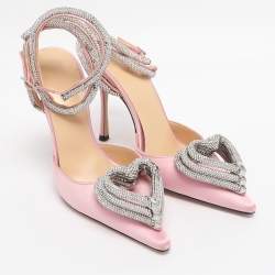 Pre Owned Mach & Mach White Satin Crystal Embellished Triple Heart Ankle Wrap Pumps Size 36