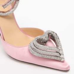 Pre Owned Mach & Mach White Satin Crystal Embellished Triple Heart Ankle Wrap Pumps Size 36