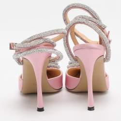 Pre Owned Mach & Mach White Satin Crystal Embellished Triple Heart Ankle Wrap Pumps Size 36