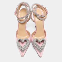 Pre Owned Mach & Mach White Satin Crystal Embellished Triple Heart Ankle Wrap Pumps Size 36