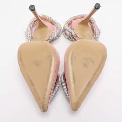 Pre Owned Mach & Mach White Satin Crystal Embellished Triple Heart Ankle Wrap Pumps Size 36