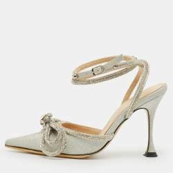 Pre Owned Mach & Mach Silver Glitter Double Bow Crystal Embellished Pumps Size 35