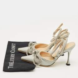 Pre Owned Mach & Mach Silver Glitter Double Bow Crystal Embellished Pumps Size 35