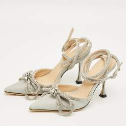 Pre Owned Mach & Mach Silver Glitter Double Bow Crystal Embellished Pumps Size 35