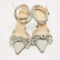 Pre Owned Mach & Mach Silver Glitter Double Bow Crystal Embellished Pumps Size 35