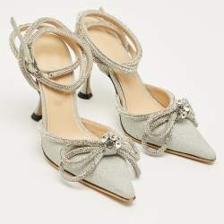 Pre Owned Mach & Mach Silver Glitter Double Bow Crystal Embellished Pumps Size 35